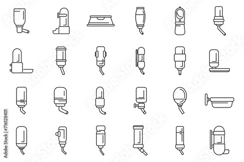 Drinker for dogs icons set outline vector. Food home water. Crate travel