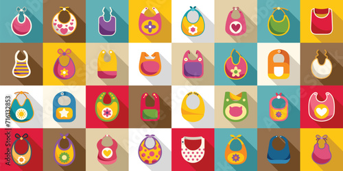 Bib icons set flat vector. Baby food kids. Family apron toddler