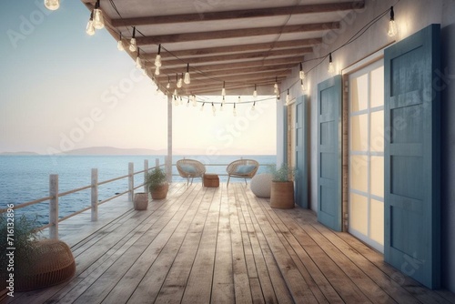 3D render of a wooden beach house terrace with old wooden floors, white plank walls, blue doors adorned with fabric, rattan furniture, string lights, and a view of the sea. Generative AI