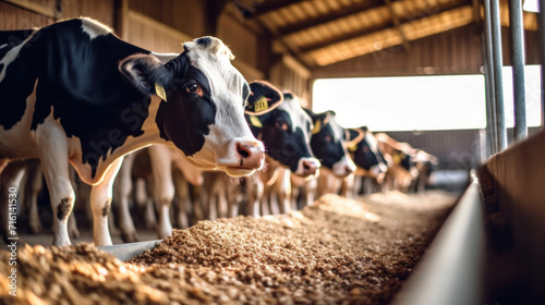 Close up of Cows feeding on fodder in stable row.