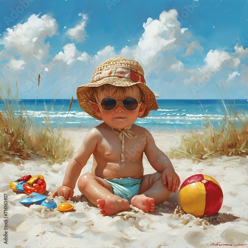 Cute adorable baby boy in diaper, sunglasses and sun hat, sitting on sandy beach enjoying ocean at sunny summer day, beautiful blue sky background, modern trendy hipster's holiday, 3d digital art deco