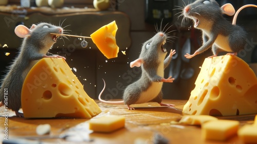 Cartoon scene of a group of mischievous mice plotting their cheese heist in the dead of night. One mouse uses a toothpick as a lock pick while another balances precariousl