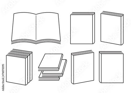 シンプルな本の白黒線画イラストセット Simple book black and white line drawing illustration set 