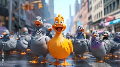 Just when the ducks have successfully navigated the busy city streets they encounter a group of mischievous pigeons who couldnt resist joining the parade and adding a dos