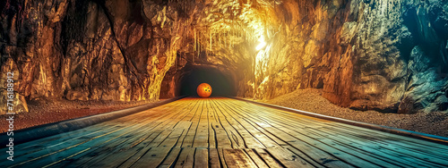 bowling alley lane extending into a luminous cave with a single orange bowling ball on it, highlighted by natural sunlight piercing through