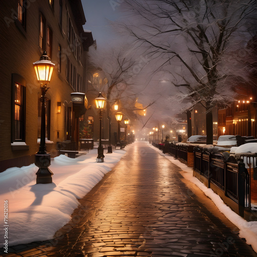  Winter Wonderland: Cobblestone Street Lined with Snow-Covered Trees