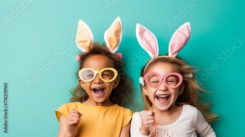 Two joyful girls in bunny ears celebrating easter