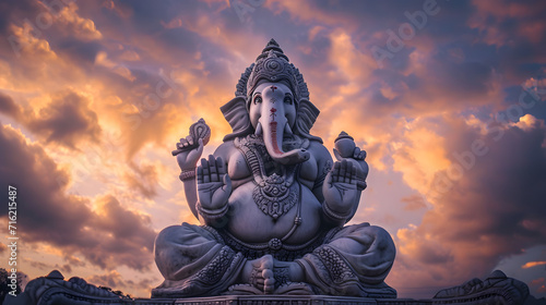 Lord ganesha sculpture at beautiful sunset. Goddess ganesh festival.