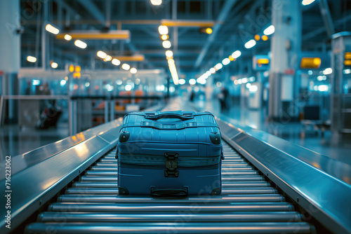 Suitcases are moving along an automated conveyor belt for inspection at airport. AI Generation