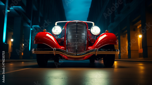 Illustrative concept of red 1930 s luxury classic car in the middle of street night time view, Generative AI image.