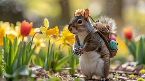 Funny squirrel walking colourful flower garden with easter eggs. Creative animal cute pet character, 3d digital art cartoon illustration, fantasy surreal abstract happy spring landscape background.