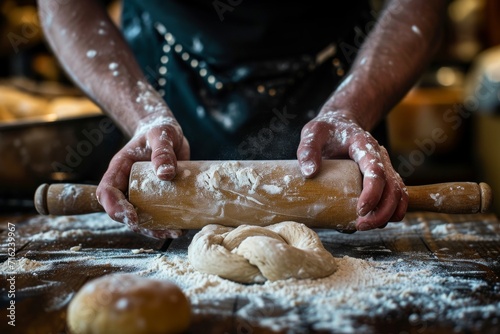 person’s hands are heavily dusted with white flour and are firmly holding a wooden rolling pin