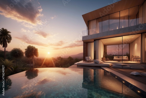 Modern villa and a luxurious infinity pool, photorealistic illustration, generative ai