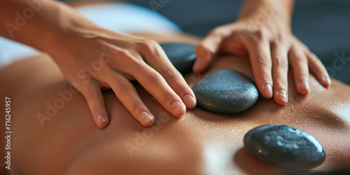 Close-up woman's back enjoying exotic hot stones spa massage. Relaxed woman lying on a spa bed while the masseuse is putting hot stones on her back. Spa treatment concept