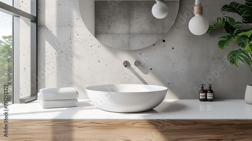 A white ceramic sink container sits on a granite countertop. Wall mirrors and pendant lights hang from the terrazzo walls.