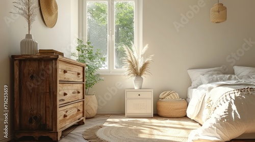 A wooden chest of drawers beside the window a white bedside table near the wooden bed and a minimalist interior design of a modern bedroom in a bohemian style