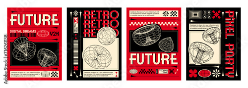 Poster design in y2k aesthetic with abstract wireframe objects on black and red background. Vector banner template set in trendy retro 2000s style with grid shapes and typography. Brutal cover layout.