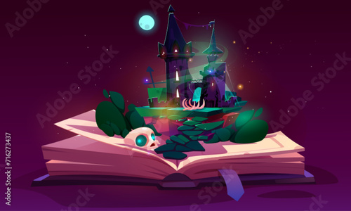 Open fairytale book with magic spooky witch house, skull and green glowing smoke under full moon. Cartoon vector illustration of imaginary world on pages of storybook. Reading of dream scary legend.