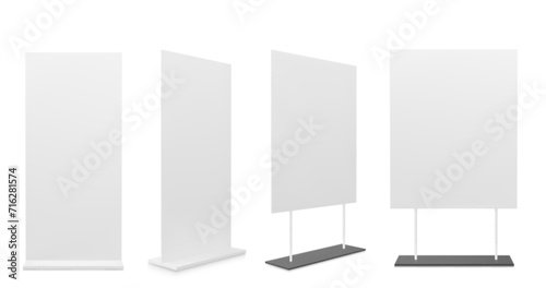 3D set of blank advertising stands isolated on white background. Vector realistic illustration of trade show booth equipment, banner mockup for product presentation, pop up poster front and side view