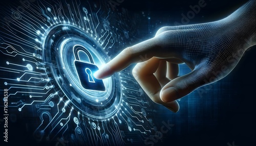 A Human Hand Touching a Cyber Security Icon or digital lock with the Index Finger, Symbolizing the Importance of Privacy and Network Protection, Data privacy Day 28th january 