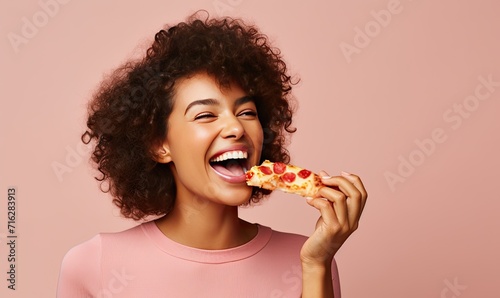 Woman Enjoying a Delicious Slice of Pizza