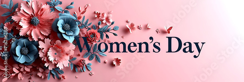 Stylish banner, greeting card with the inscription Happy Women's Day on a pink background and flowers.