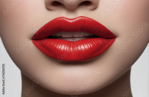 Close up de labios entreabiertos de mujer joven pintados de rojo. Maquillaje, labial rojo.