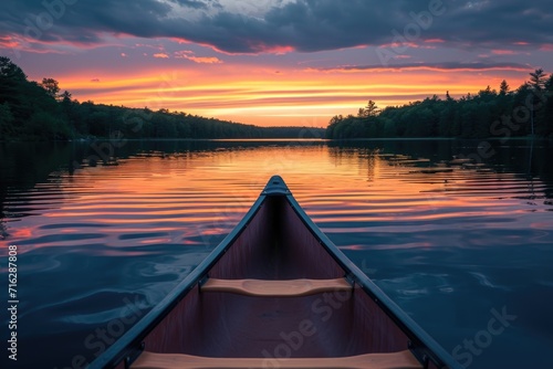 Bow of a canoe on a lake at sunset