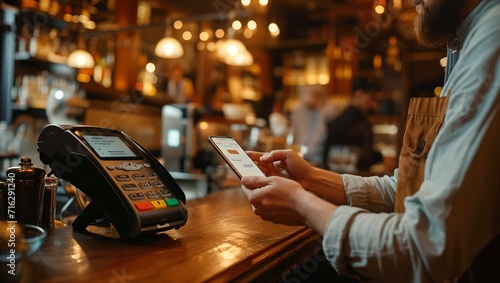 A man is sitting in a restaurant and reaches out with his smartphone to the credit card machine, technology and smart device concept, mobile banking