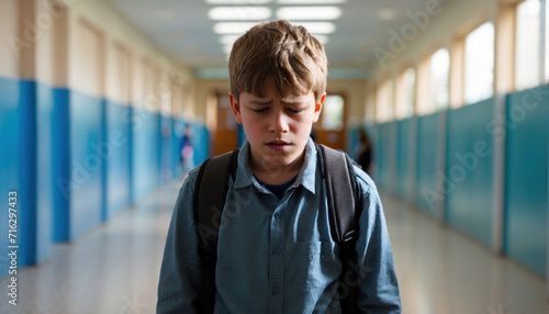 Upset student boy at school corridor, bullying concept. AI generated