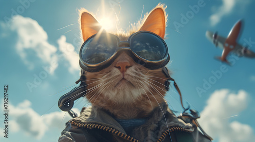 Cat wearing Aviators under a Plane in the Sky