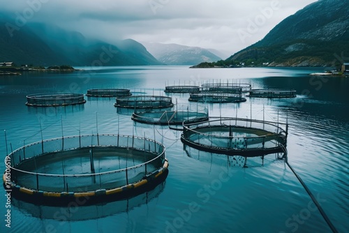 Fish cages floating on the water, suitable for aquaculture and fish farming
