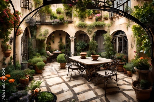  serene image of a European courtyard, complete with a small fountain, potted plants, and a wrought-iron dining set under a pergola