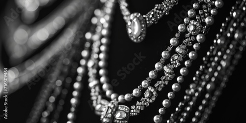 A photo showcasing a collection of necklaces in black and white. Perfect for fashion, jewelry, or accessory-related projects