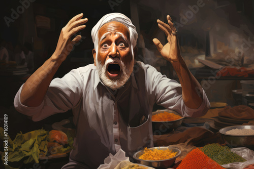  Illustration of an elderly Indian man with a face twisted in repulsion reacting to a bad odor in an outdoor market