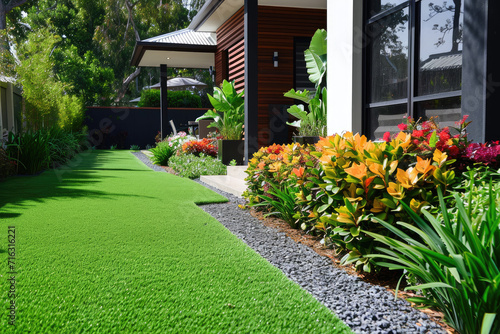 A contemporary Australian home or residential buildings front yard features artificial grass lawn turf with timber edging, and a big flowers garden