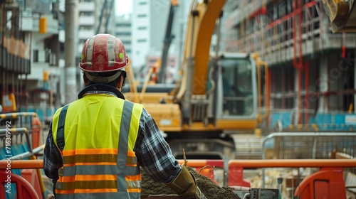 Worker With Safety Vest and Hard Hat on Construction Site