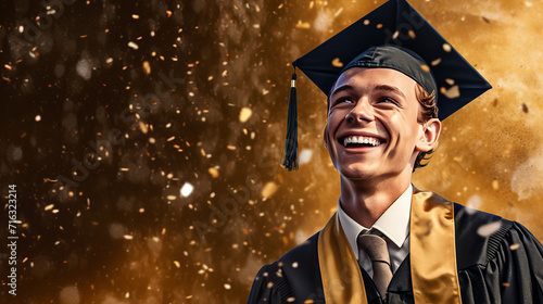 Happy young man wearing graduation cap and gown, smiling young guy beams with happiness as golden glittery confetti rains down around him, celebrating his college graduation, festive atmosphere