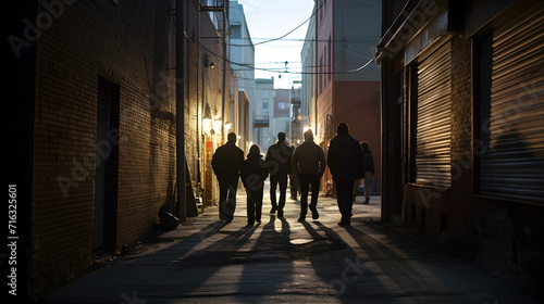 people on the back view walking in the alley. friend of gang wearing jacket walk.