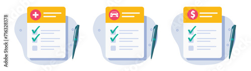 Bank money cash application form fill check list icon vector graphic illustration set, medical report insurance checkup with checklist results, car vehicle auto coverage inspection claim document