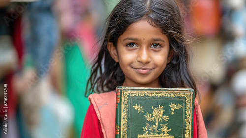  young girl holding a book with the preamble of the Indian book