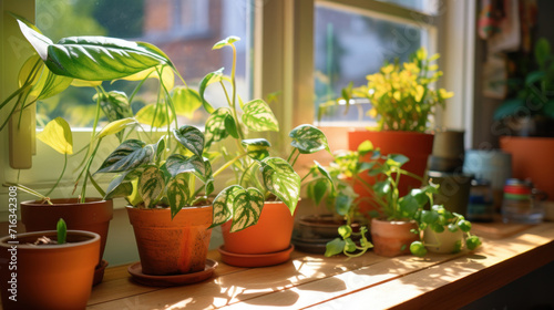 Various indoor houseplants on a windowsill enjoying the morning sunlight.