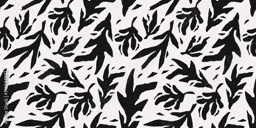 Hand drawn minimal abstract line organic shapes seamless pattern. Cutout plant