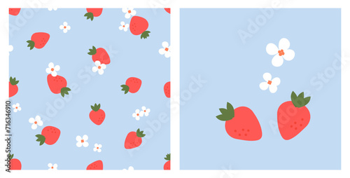 Seamless pattern with strawberry and cute flower on blue background vector illustration.