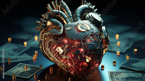 Iron heart, AI heart, robot heart – digital artwork, macro, full reflections, biomechanical heart made from money, darkness mood background