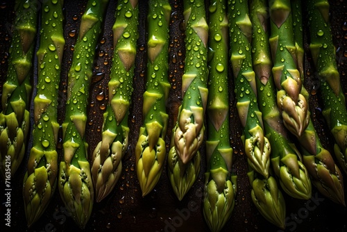 Fresh asparagus with water splashes and drops on black background