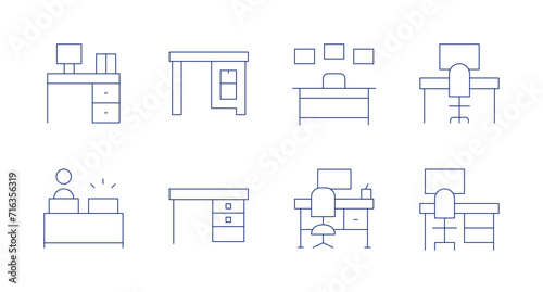 Desk icons. Editable stroke. Containing table, absent, desk, workplace.