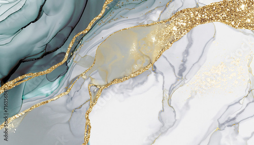 Jade, grey and gold marble texture. Abstract vector background in alcohol ink technique. Modern paint in natural colors with glitter. Template for banner, poster design. Fluid art painting