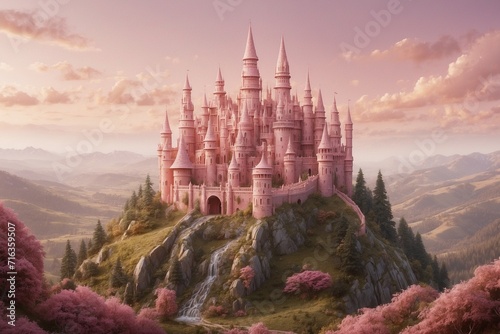 "A whimsical pink castle sits upon a rolling hill, its walls adorned with intricate details and its surroundings bathed in a dreamy pink hue."