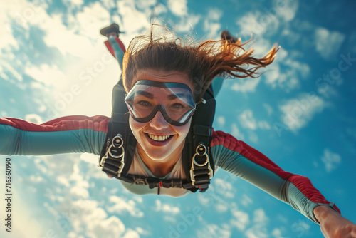Young woman skydiving with a parachute in the air. Extreme sport.